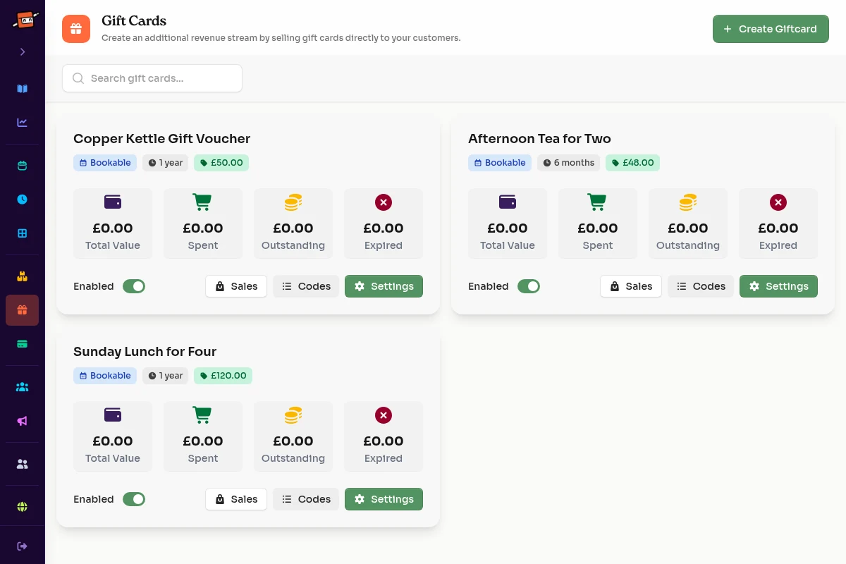 Copper Kettle gift voucher management overview showing products, values, balances and controls
