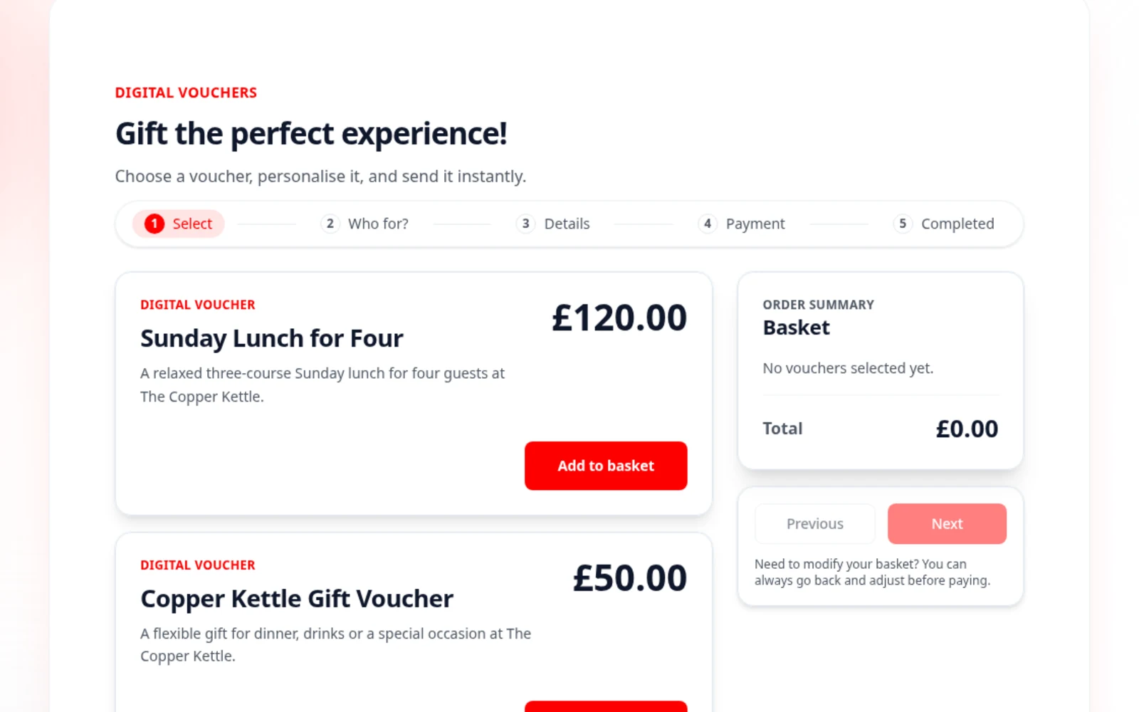 The Copper Kettle online gift voucher shop showing three fictional vouchers available to buy