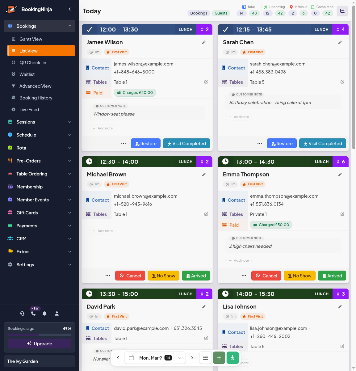 BookingNinja dashboard showing today's bookings