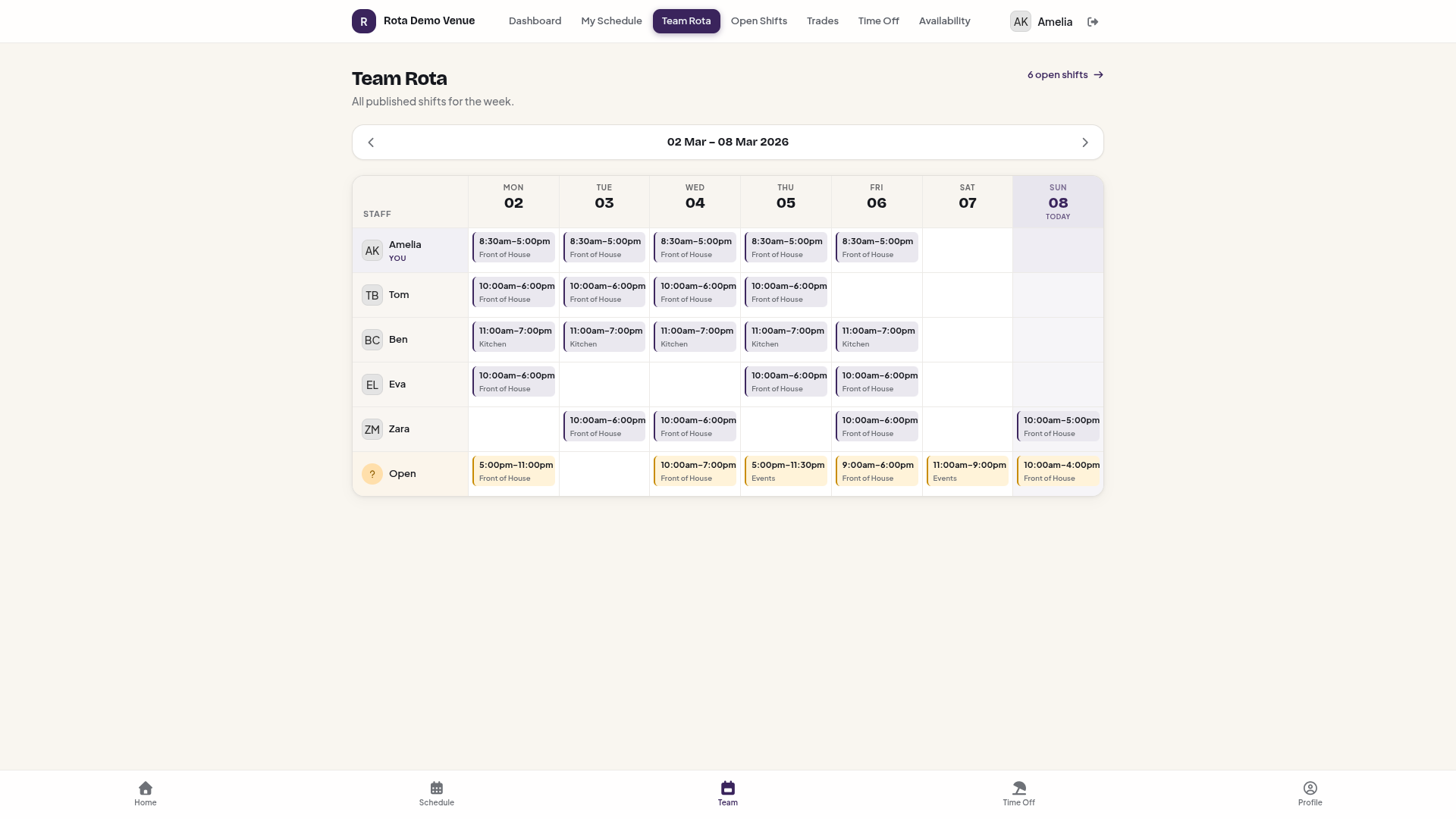 Staff portal — team rota grid view