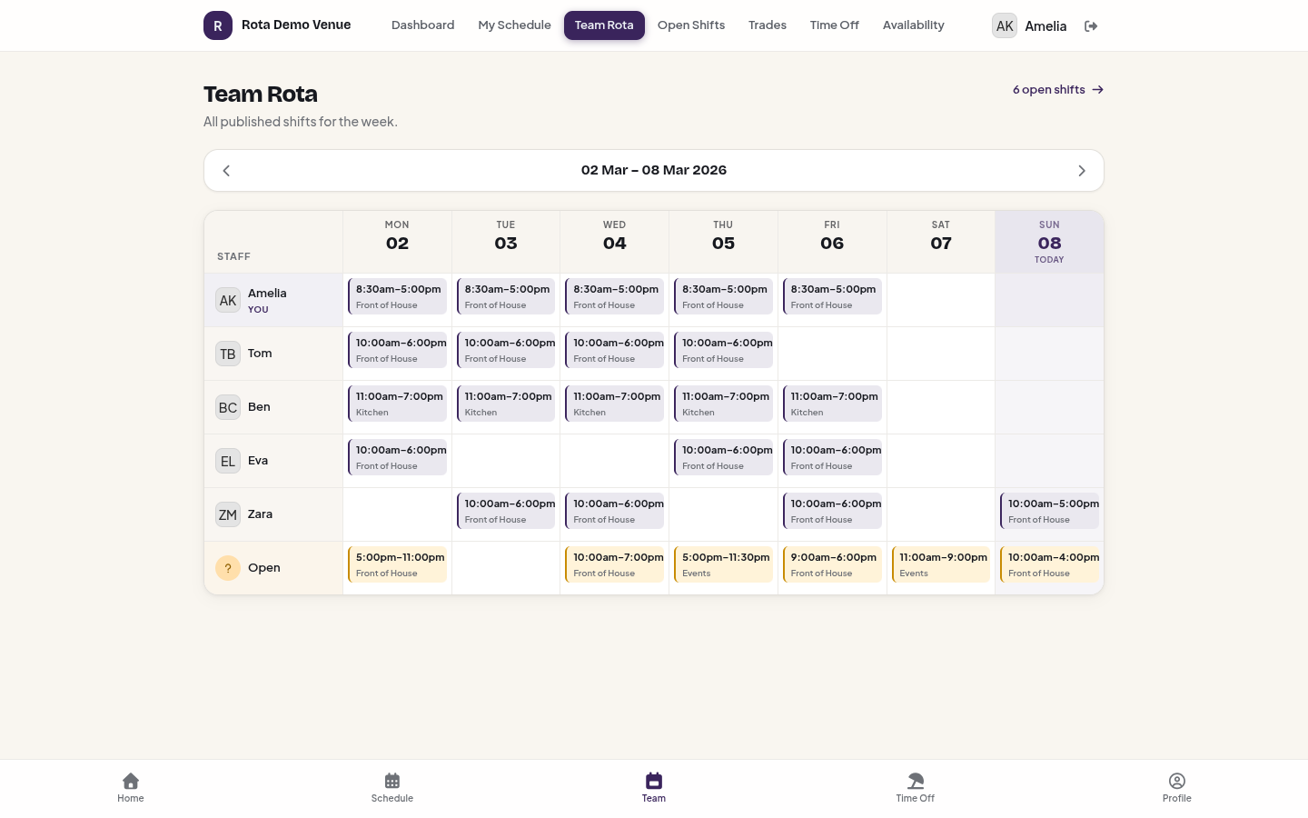 Team Rota — staff &times; days weekly grid showing all published shifts