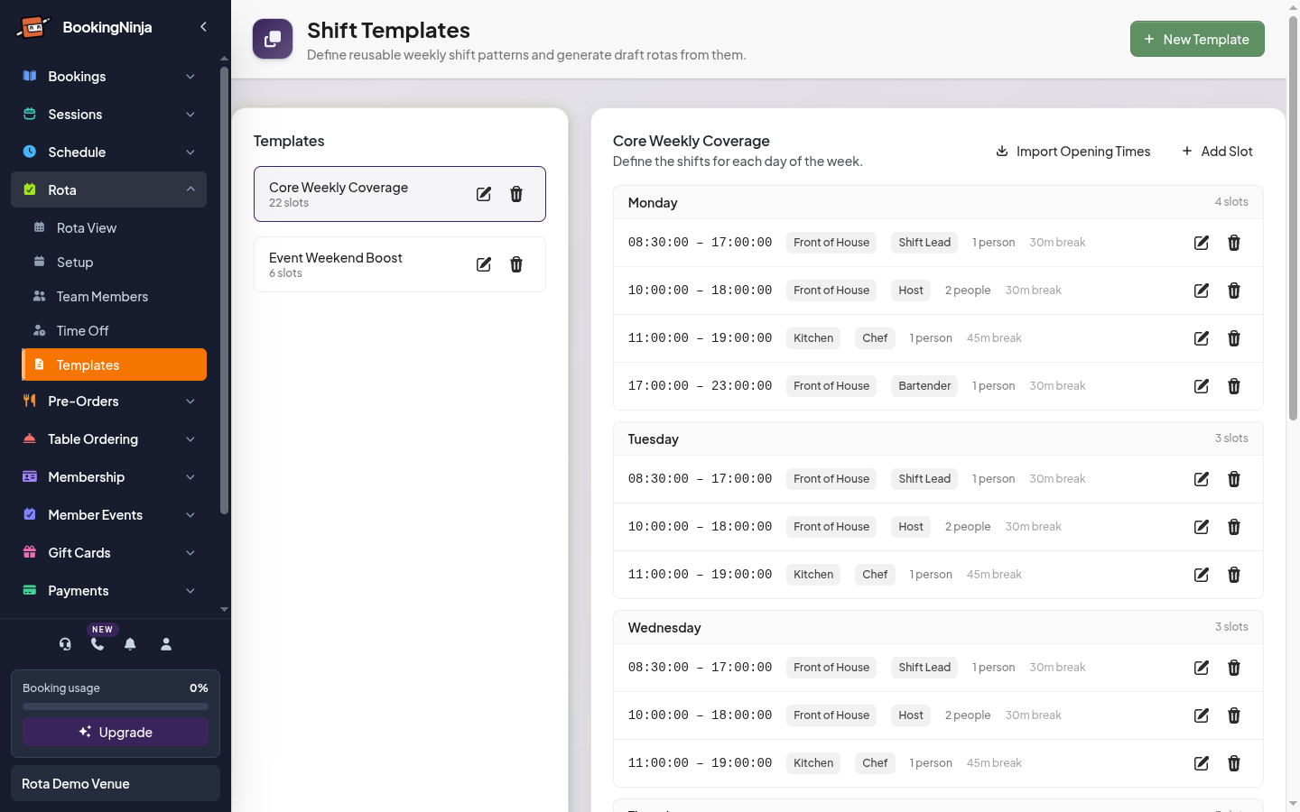 Shift templates — define weekly patterns and auto-generate rotas