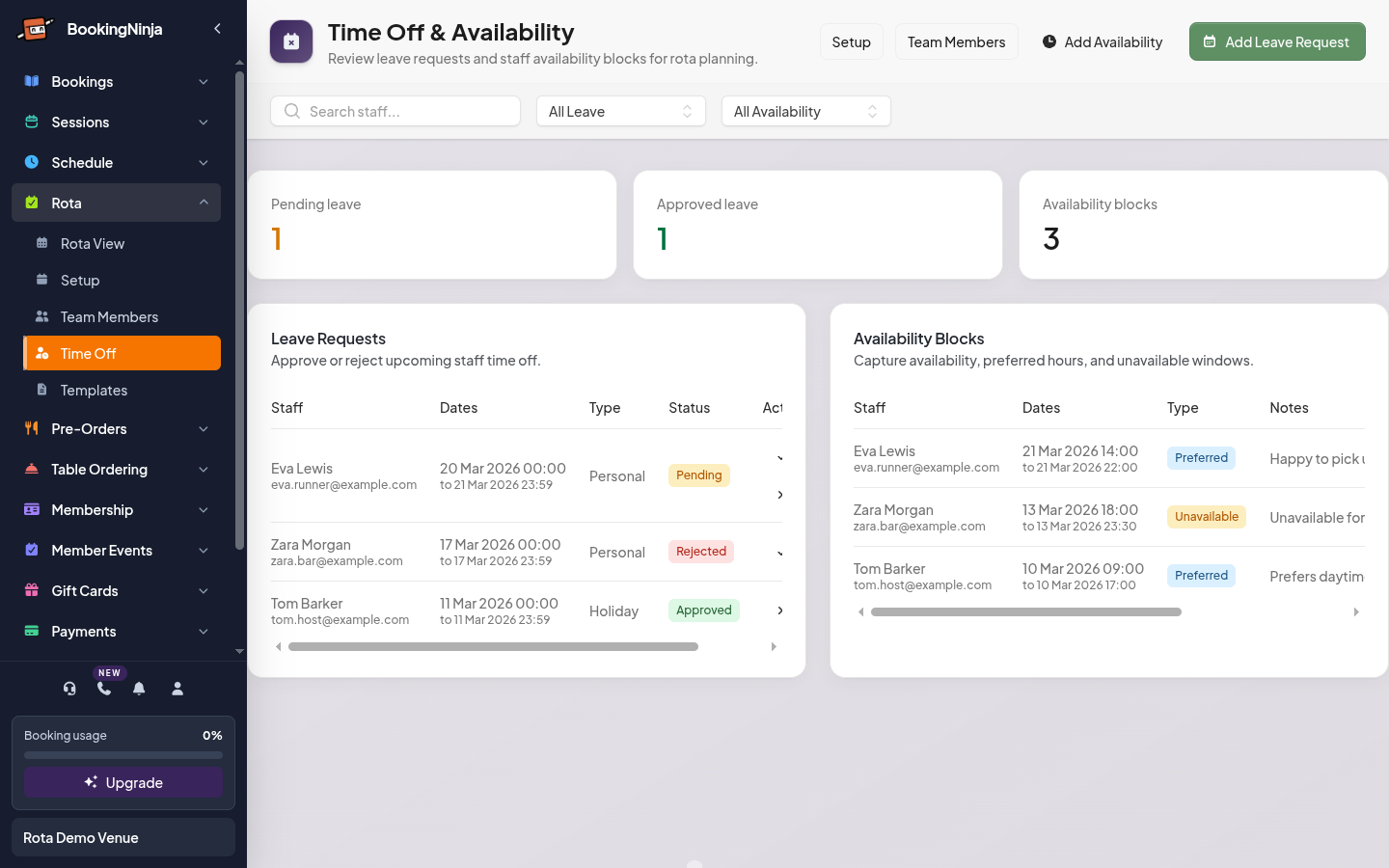 Time off and availability management